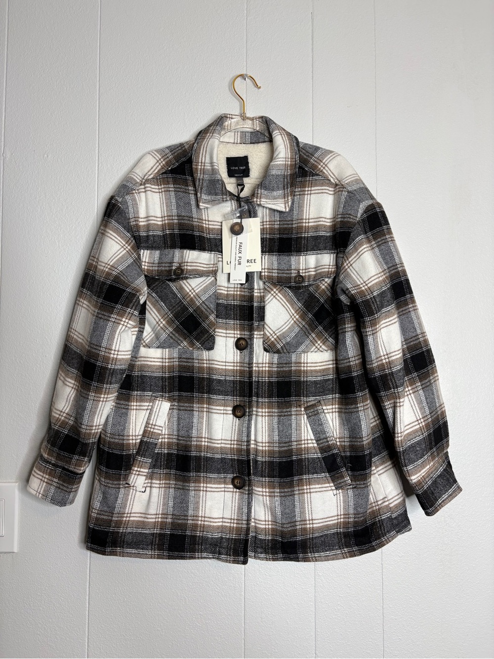 Love Tree Plaid Utility Jacket - Cream, Black & Brown